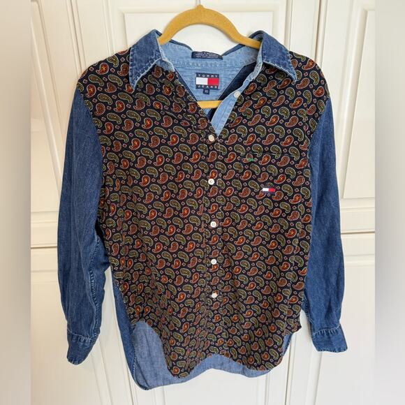 Tommy Hilfiger Jeans Women’s Denim Paisley Corduroy Button Down Size 10 Cotton - Picture 2 of 8